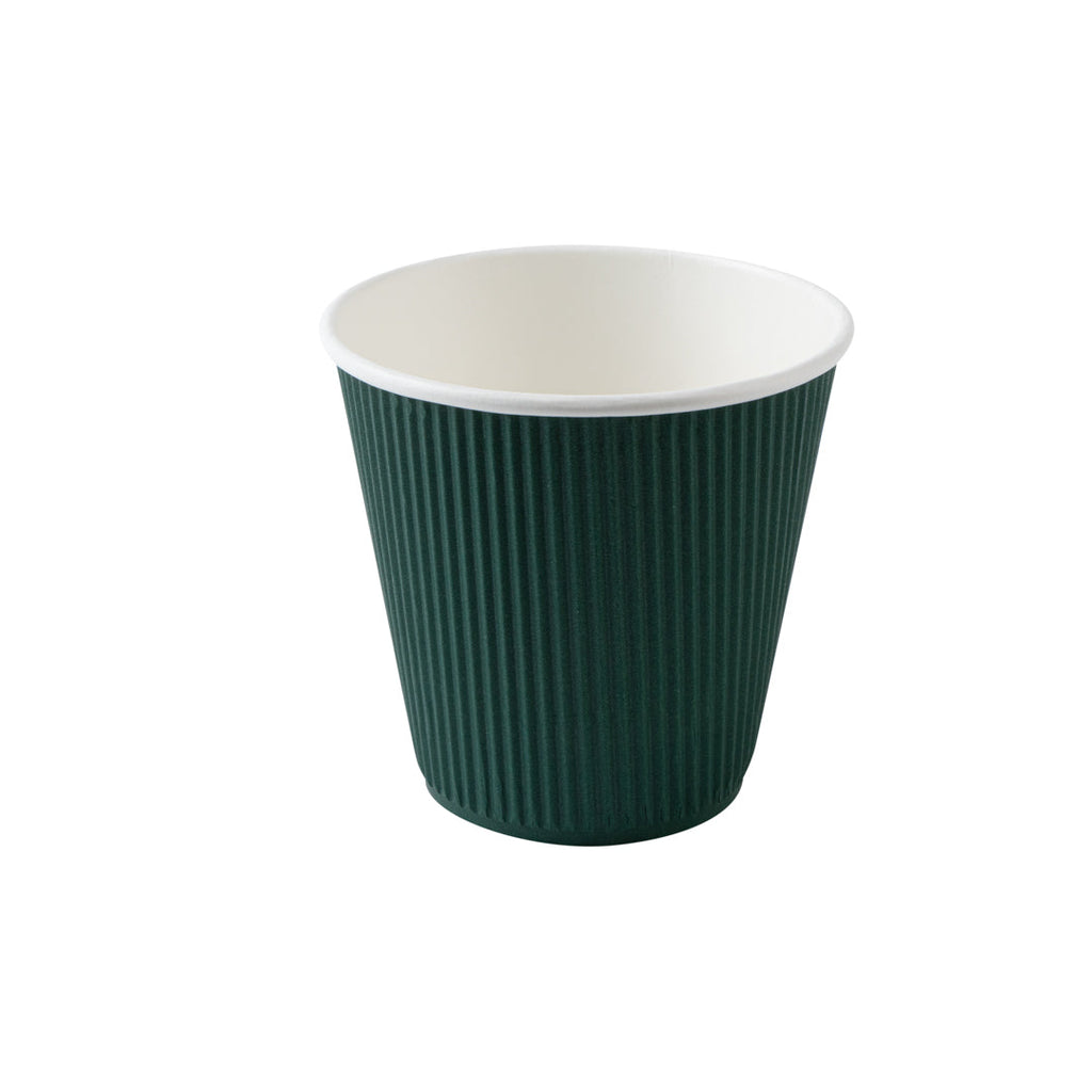 Restpresso 8 oz Forest Green Paper Ripple Wall Coffee Cup - with Black Lid - 3 1/2" x 3 1/2" x 4" - 20 count box