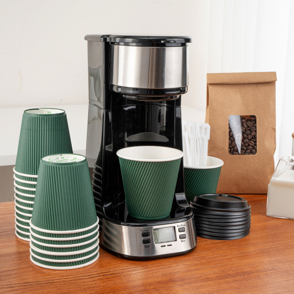 Restpresso 8 oz Forest Green Paper Ripple Wall Coffee Cup - with Black Lid - 3 1/2" x 3 1/2" x 4" - 20 count box