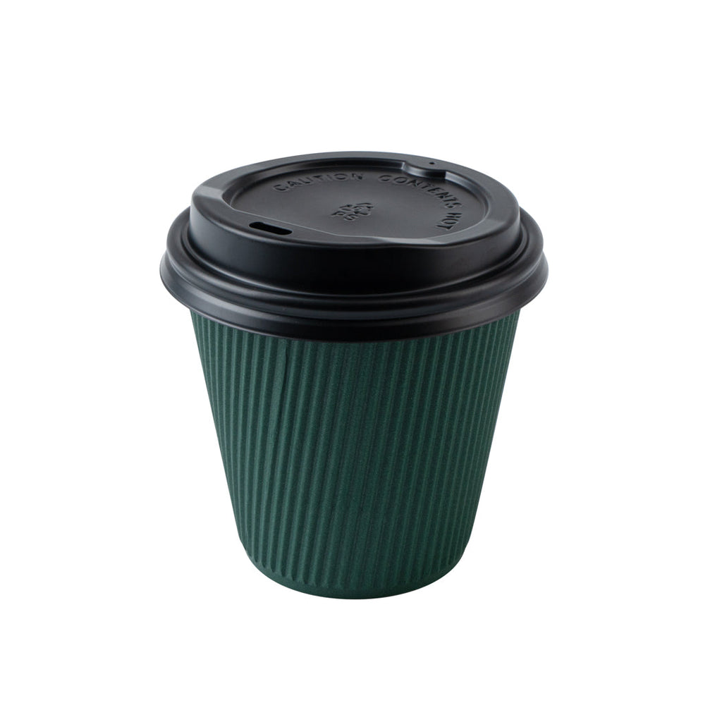 Restpresso 8 oz Forest Green Paper Ripple Wall Coffee Cup - with Black Lid - 3 1/2" x 3 1/2" x 4" - 400 count box