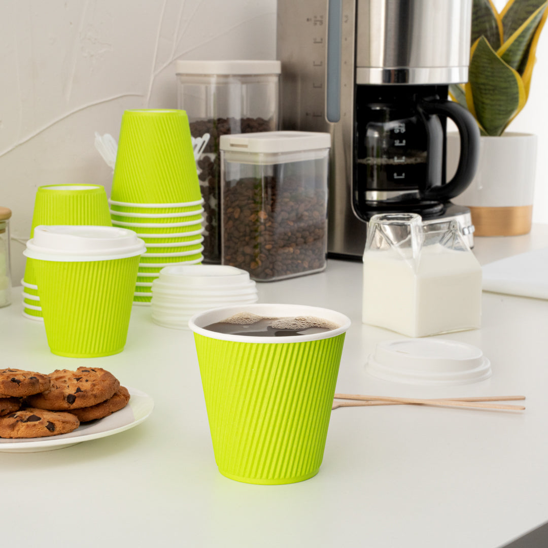 Restpresso 8 oz Eco Green Paper Ripple Wall Coffee Cup - with White Lid - 3 1/2" x 3 1/2" x 4" - 20 count box