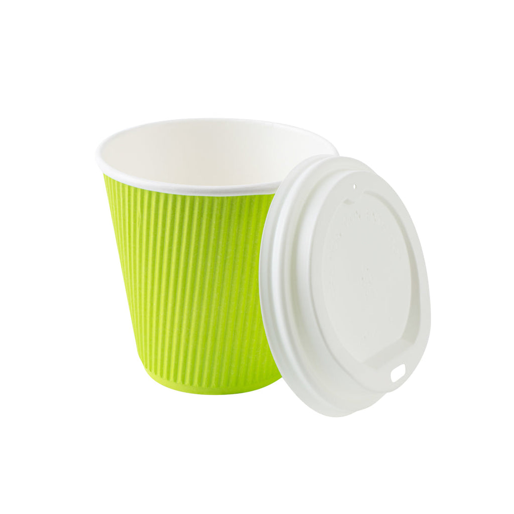 Restpresso 8 oz Eco Green Paper Ripple Wall Coffee Cup - with White Lid - 3 1/2" x 3 1/2" x 4" - 400 count box