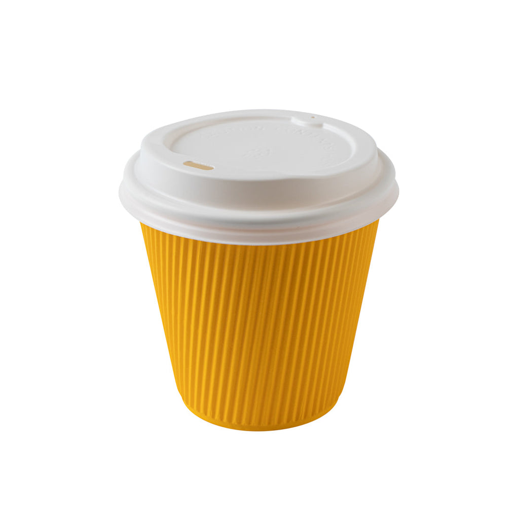 Restpresso 8 oz Yellow Paper Ripple Wall Coffee Cup - with White Lid - 3 1/2" x 3 1/2" x 4" - 20 count box
