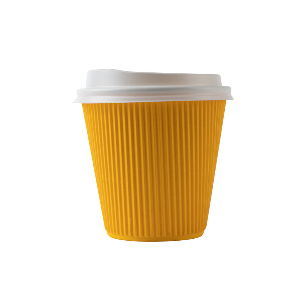 Restpresso 8 oz Yellow Paper Ripple Wall Coffee Cup - with White Lid - 3 1/2" x 3 1/2" x 4" - 20 count box