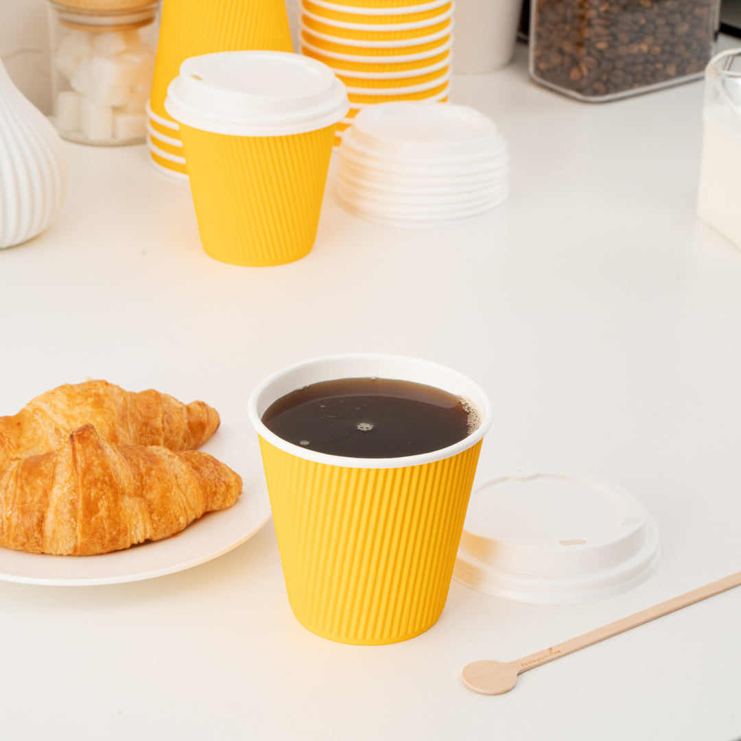 Restpresso 8 oz Yellow Paper Ripple Wall Coffee Cup - with White Lid - 3 1/2" x 3 1/2" x 4" - 20 count box