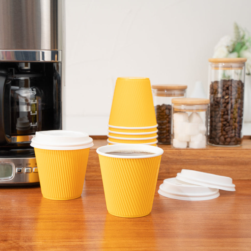Restpresso 8 oz Yellow Paper Ripple Wall Coffee Cup - with White Lid - 3 1/2" x 3 1/2" x 4" - 20 count box