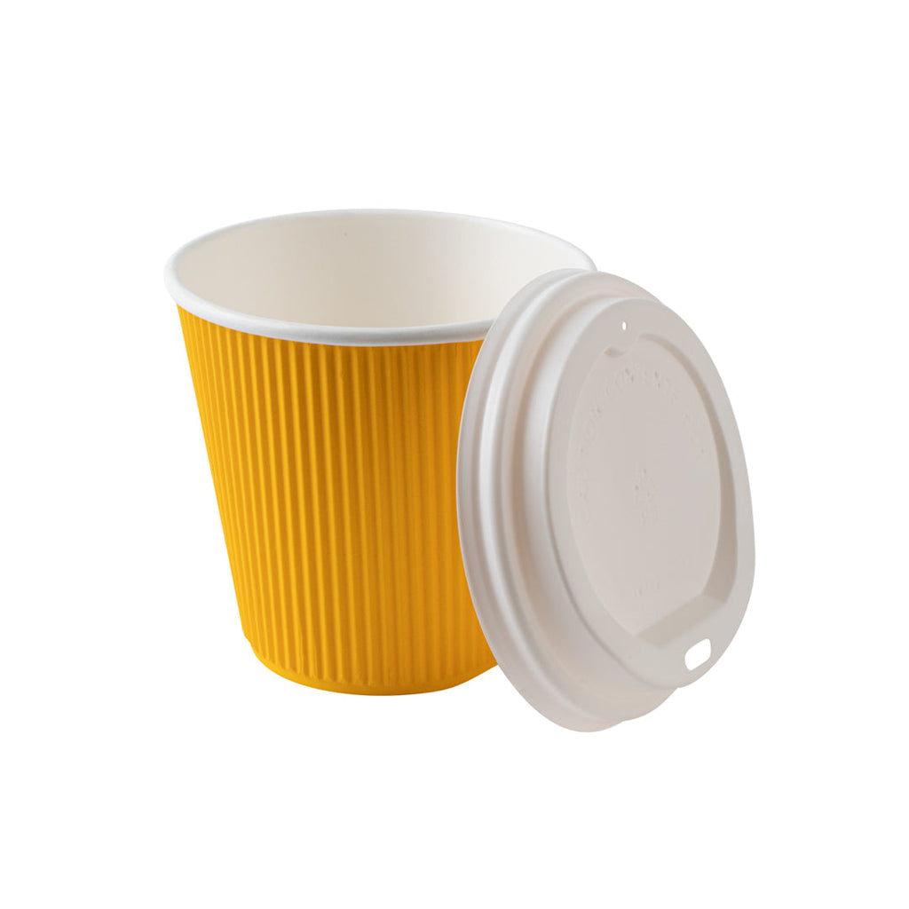 Restpresso 8 oz Yellow Paper Ripple Wall Coffee Cup - with White Lid - 3 1/2" x 3 1/2" x 4" - 400 count box