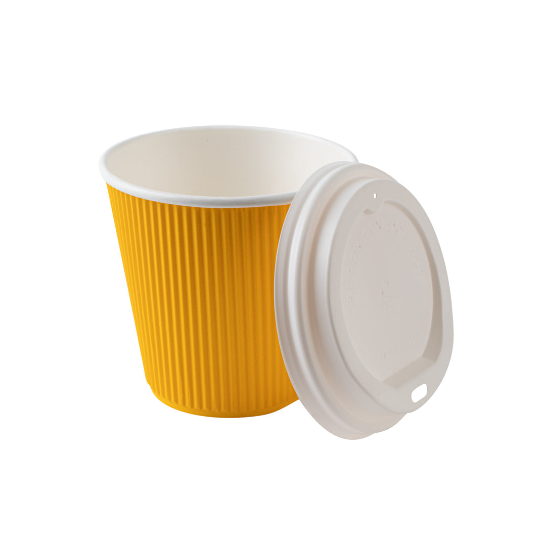 Restpresso 8 oz Yellow Paper Ripple Wall Coffee Cup - with White Lid - 3 1/2" x 3 1/2" x 4" - 400 count box