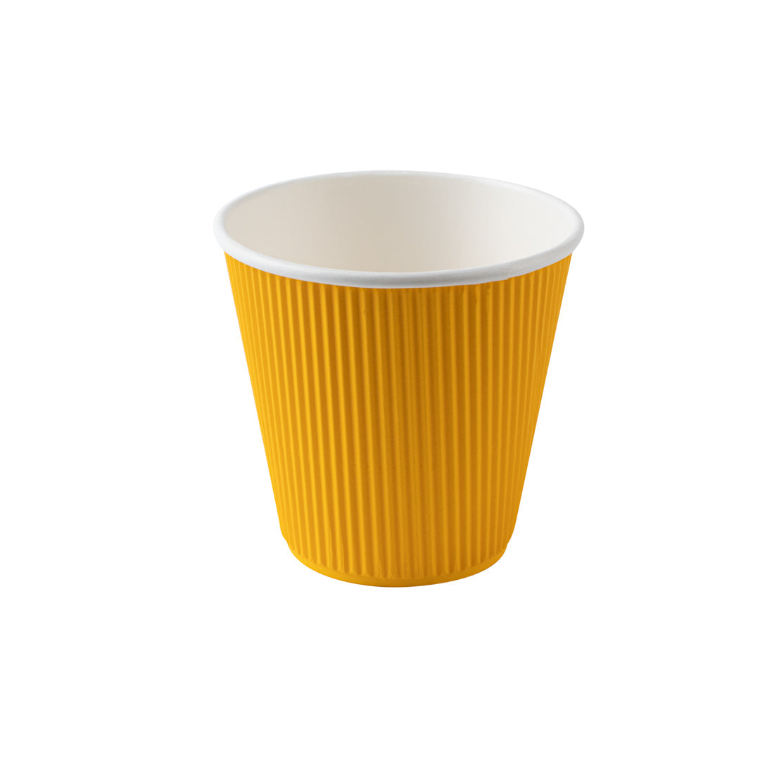 Restpresso 8 oz Yellow Paper Ripple Wall Coffee Cup - with White Lid - 3 1/2" x 3 1/2" x 4" - 400 count box
