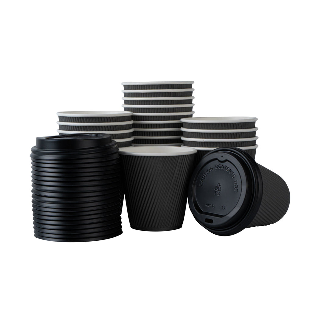 Restpresso 8 oz Gray Paper Ripple Wall Coffee Cup - with Black Lid - 3 1/2" x 3 1/2" x 4" - 20 count box