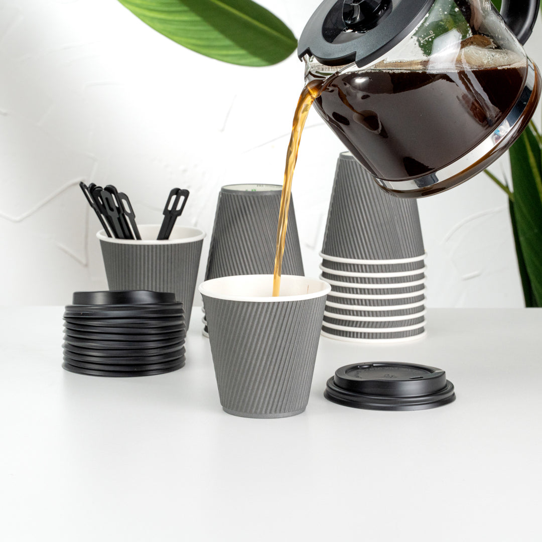 Restpresso 8 oz Gray Paper Ripple Wall Coffee Cup - with Black Lid - 3 1/2" x 3 1/2" x 4" - 20 count box