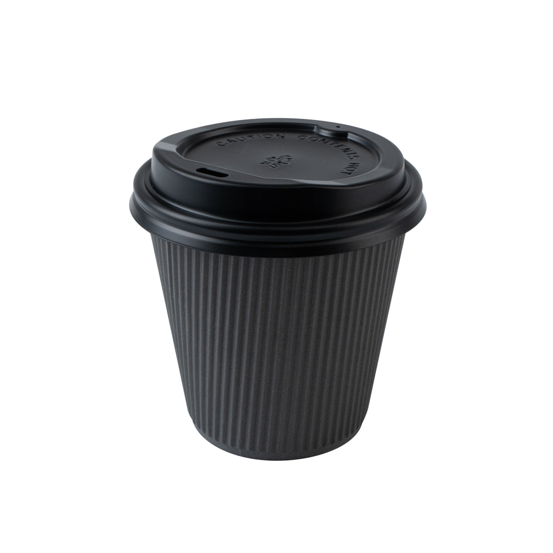 Restpresso 8 oz Gray Paper Ripple Wall Coffee Cup - with Black Lid - 3 1/2" x 3 1/2" x 4" - 20 count box