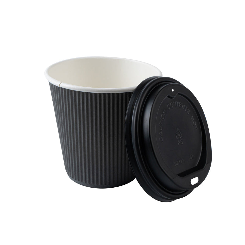Restpresso 8 oz Gray Paper Ripple Wall Coffee Cup - with Black Lid - 3 1/2" x 3 1/2" x 4" - 20 count box