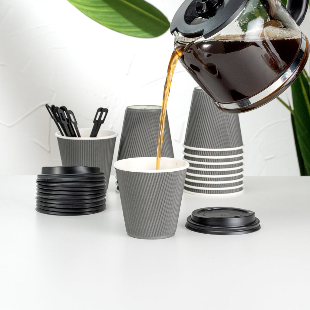 Restpresso 8 oz Gray Paper Ripple Wall Coffee Cup - with Black Lid - 3 1/2" x 3 1/2" x 4" - 400 count box