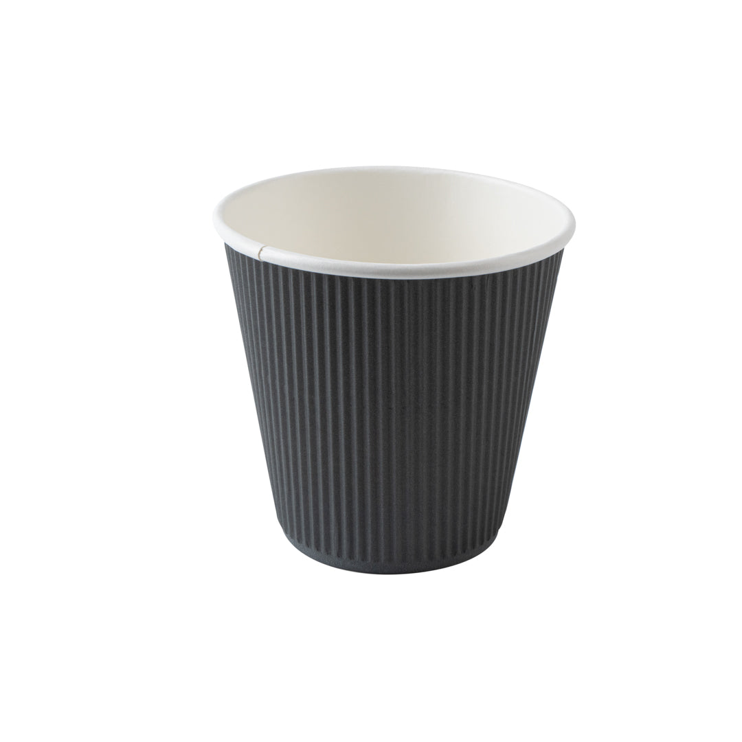 Restpresso 8 oz Gray Paper Ripple Wall Coffee Cup - with Black Lid - 3 1/2" x 3 1/2" x 4" - 400 count box