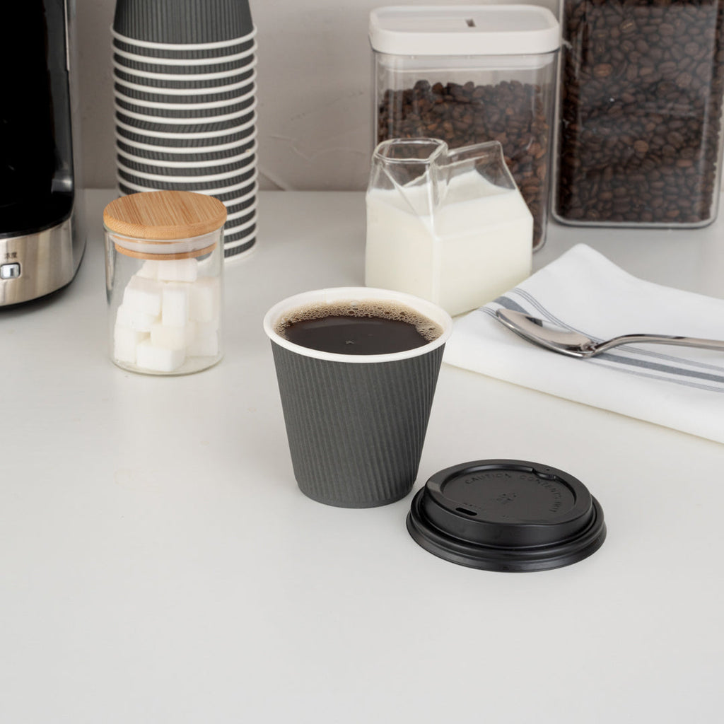 Restpresso 8 oz Gray Paper Ripple Wall Coffee Cup - with Black Lid - 3 1/2" x 3 1/2" x 4" - 400 count box