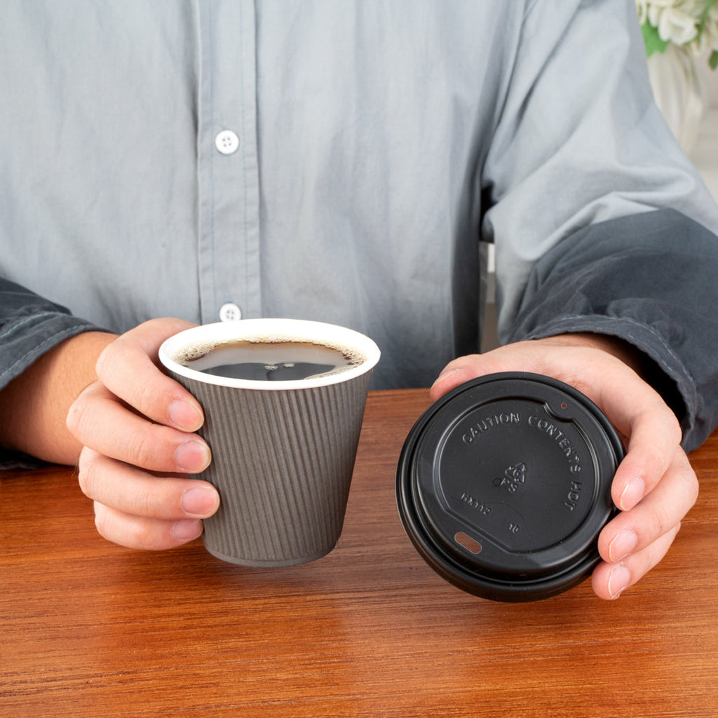 Restpresso 8 oz Gray Paper Ripple Wall Coffee Cup - with Black Lid - 3 1/2" x 3 1/2" x 4" - 400 count box