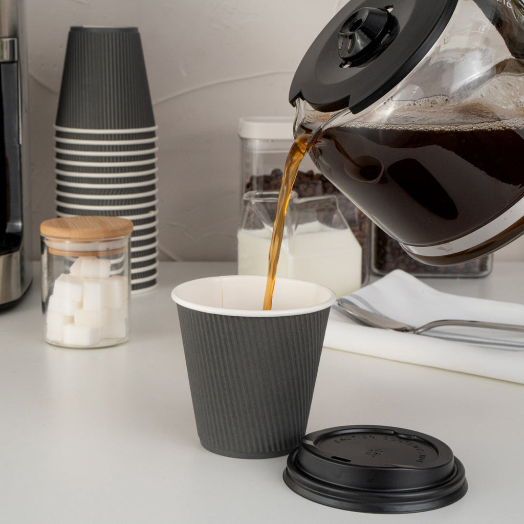 Restpresso 8 oz Gray Paper Ripple Wall Coffee Cup - with Black Lid - 3 1/2" x 3 1/2" x 4" - 400 count box