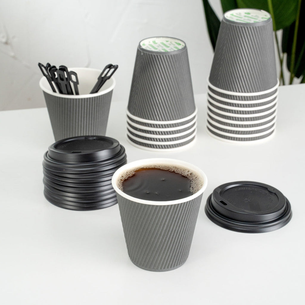 Restpresso 8 oz Gray Paper Ripple Wall Coffee Cup - with Black Lid - 3 1/2" x 3 1/2" x 4" - 400 count box