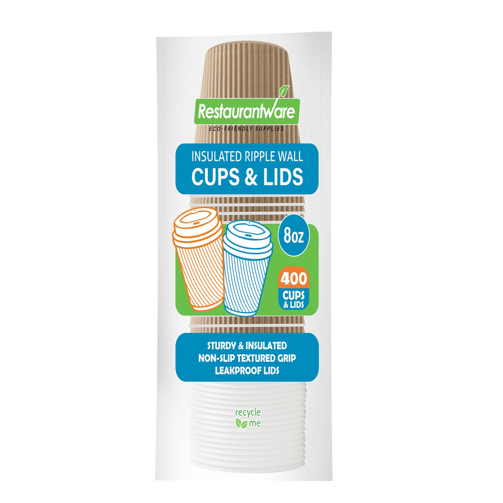 Restpresso 8 oz Kraft Paper Ripple Wall Coffee Cup - with White Lid - 3 1/2" x 3 1/2" x 4" - 400 count box