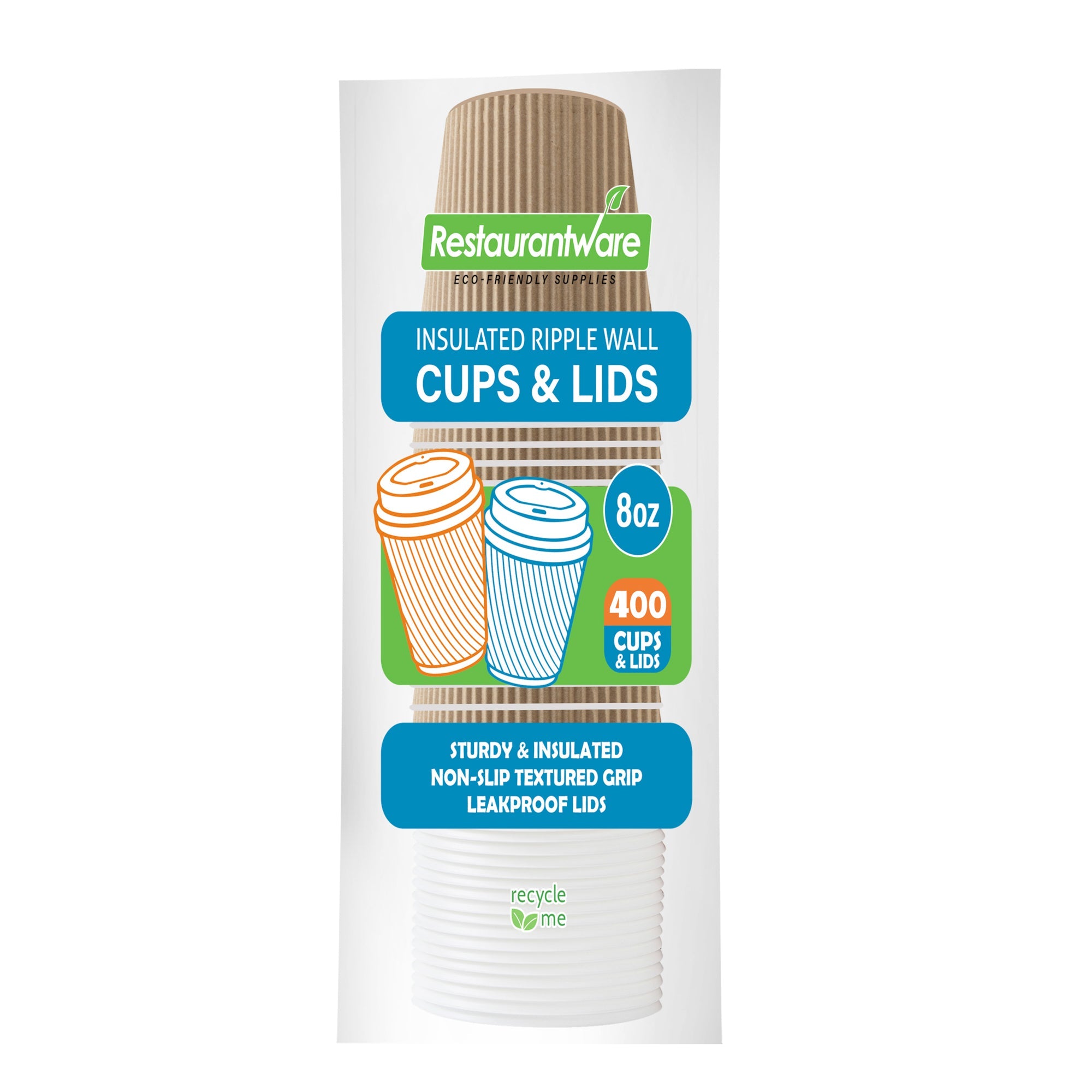 Restpresso 8 oz Kraft Paper Ripple Wall Coffee Cup - with White Lid - 3 1/2" x 3 1/2" x 4" - 400 count box