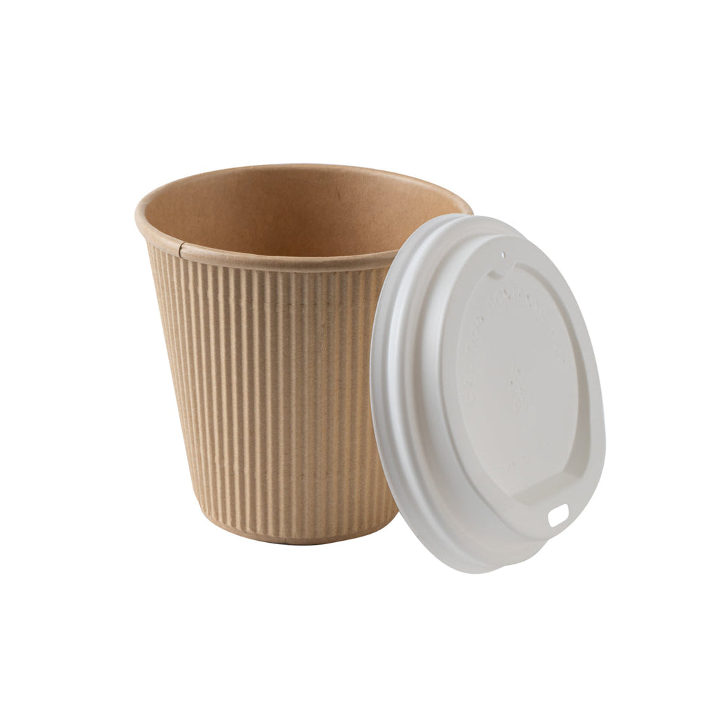 Restpresso 8 oz Kraft Paper Ripple Wall Coffee Cup - with White Lid - 3 1/2" x 3 1/2" x 4" - 400 count box