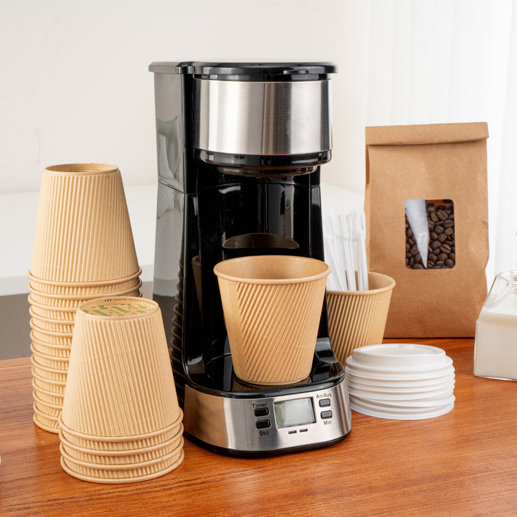 Restpresso 8 oz Kraft Paper Ripple Wall Coffee Cup - with White Lid - 3 1/2" x 3 1/2" x 4" - 400 count box