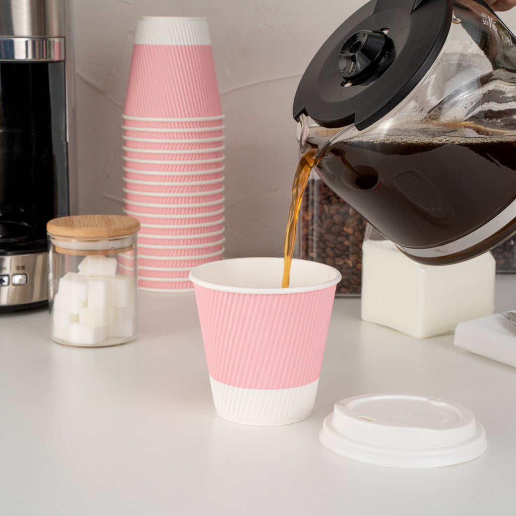 Restpresso 8 oz Light Pink Paper Ripple Wall Coffee Cup - with White Lid - 3 1/2" x 3 1/2" x 4" - 20 count box