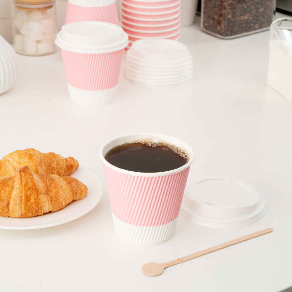 Restpresso 8 oz Light Pink Paper Ripple Wall Coffee Cup - with White Lid - 3 1/2" x 3 1/2" x 4" - 20 count box