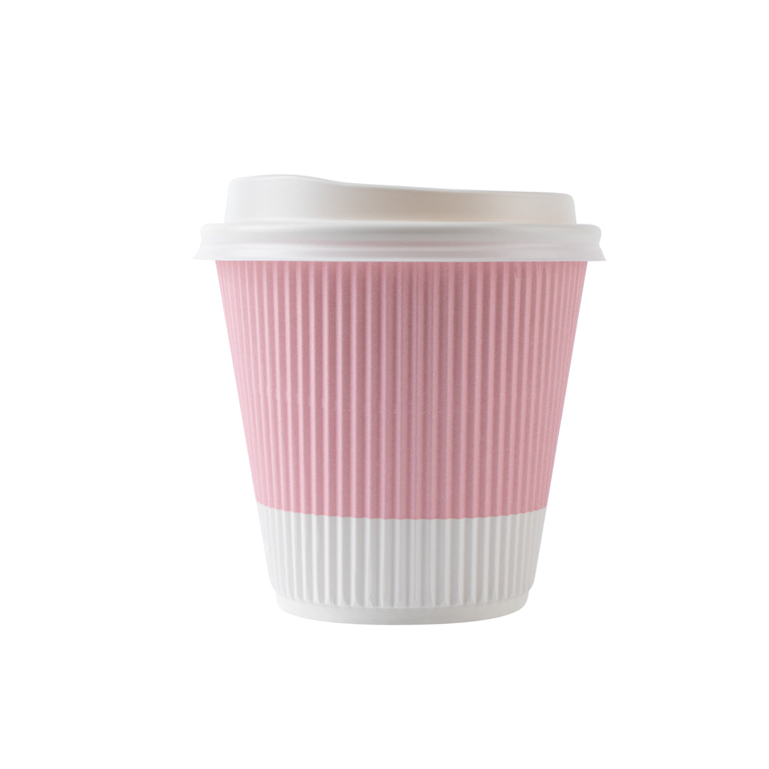Restpresso 8 oz Light Pink Paper Ripple Wall Coffee Cup - with White Lid - 3 1/2" x 3 1/2" x 4" - 400 count box