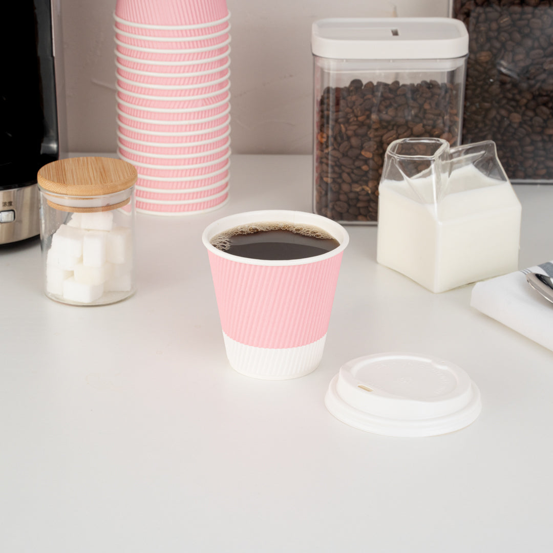 Restpresso 8 oz Light Pink Paper Ripple Wall Coffee Cup - with White Lid - 3 1/2" x 3 1/2" x 4" - 400 count box