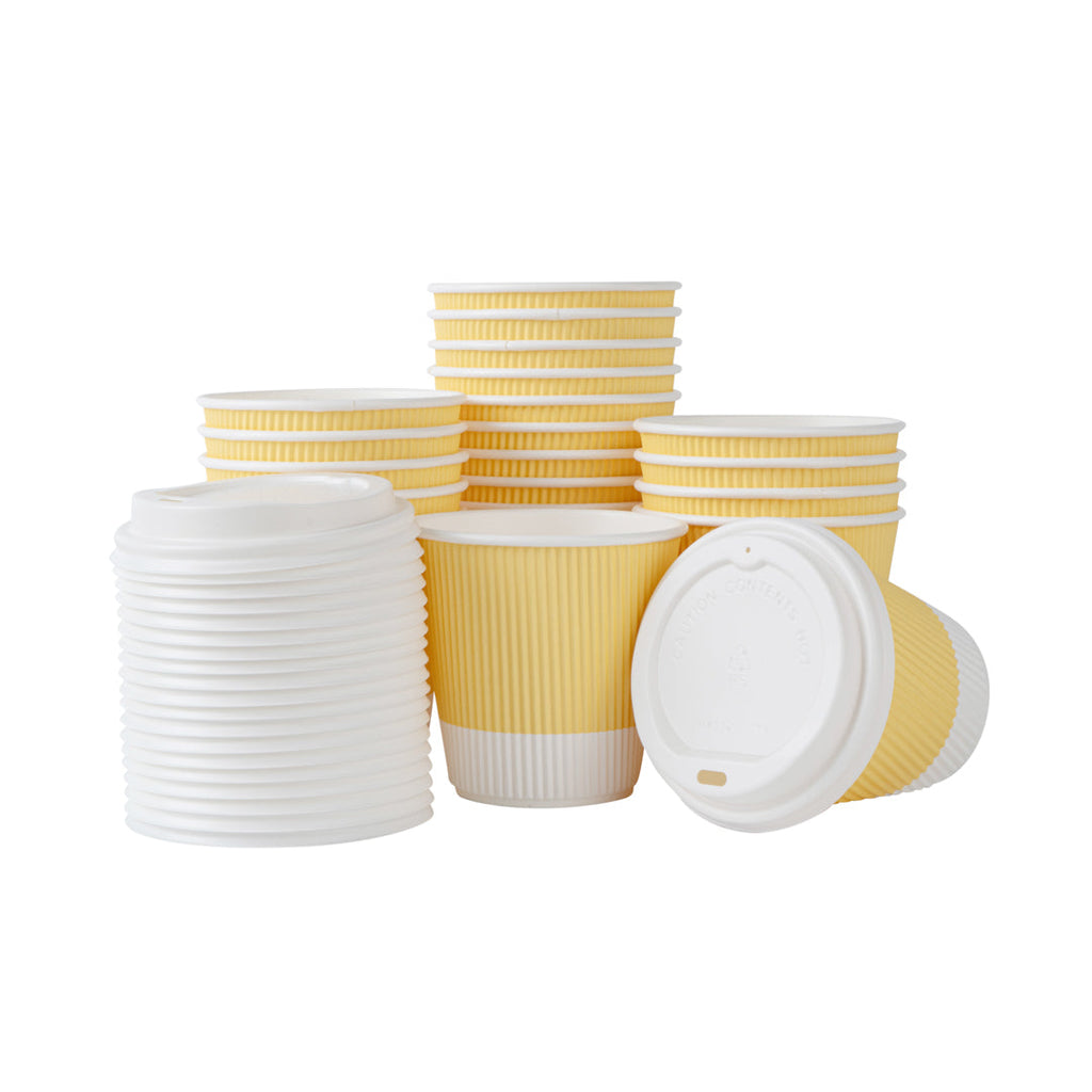Restpresso 8 oz Light Yellow Paper Ripple Wall Coffee Cup - with White Lid - 3 1/2" x 3 1/2" x 4" - 20 count box