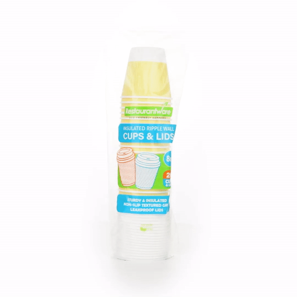 Restpresso 8 oz Light Yellow Paper Ripple Wall Coffee Cup - with White Lid - 3 1/2" x 3 1/2" x 4" - 400 count box