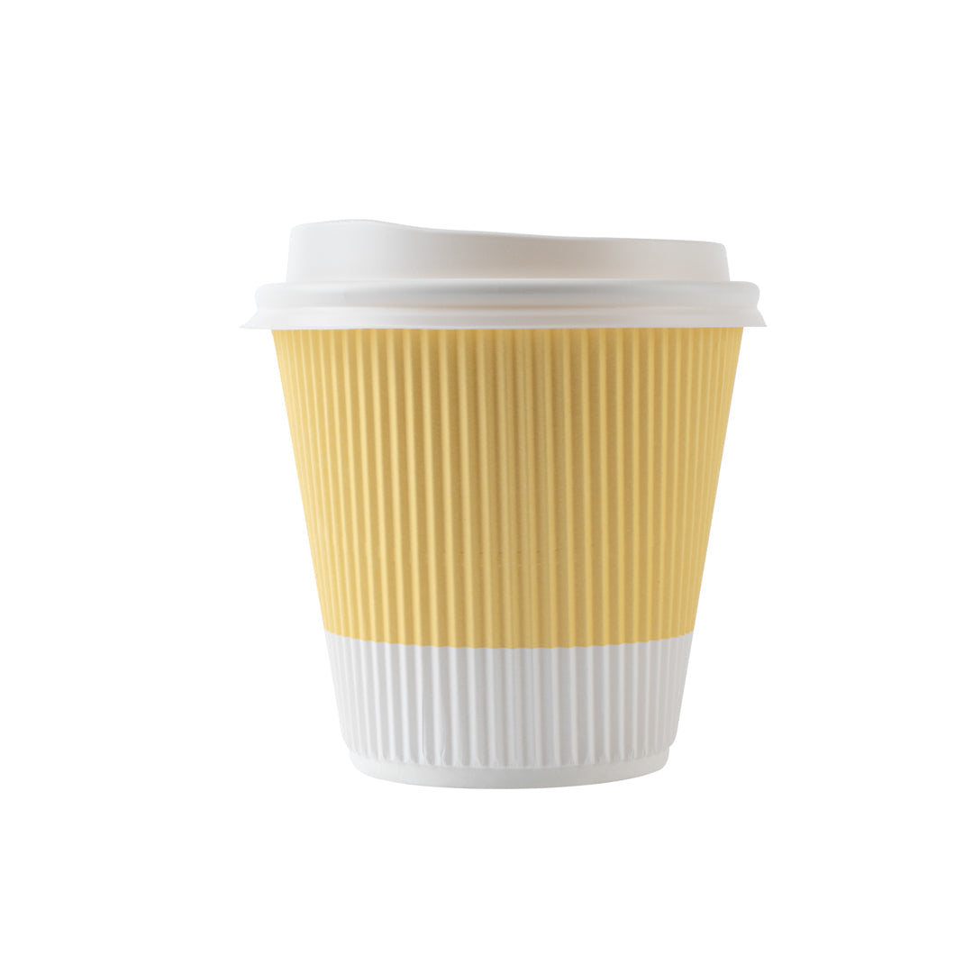 Restpresso 8 oz Light Yellow Paper Ripple Wall Coffee Cup - with White Lid - 3 1/2" x 3 1/2" x 4" - 400 count box