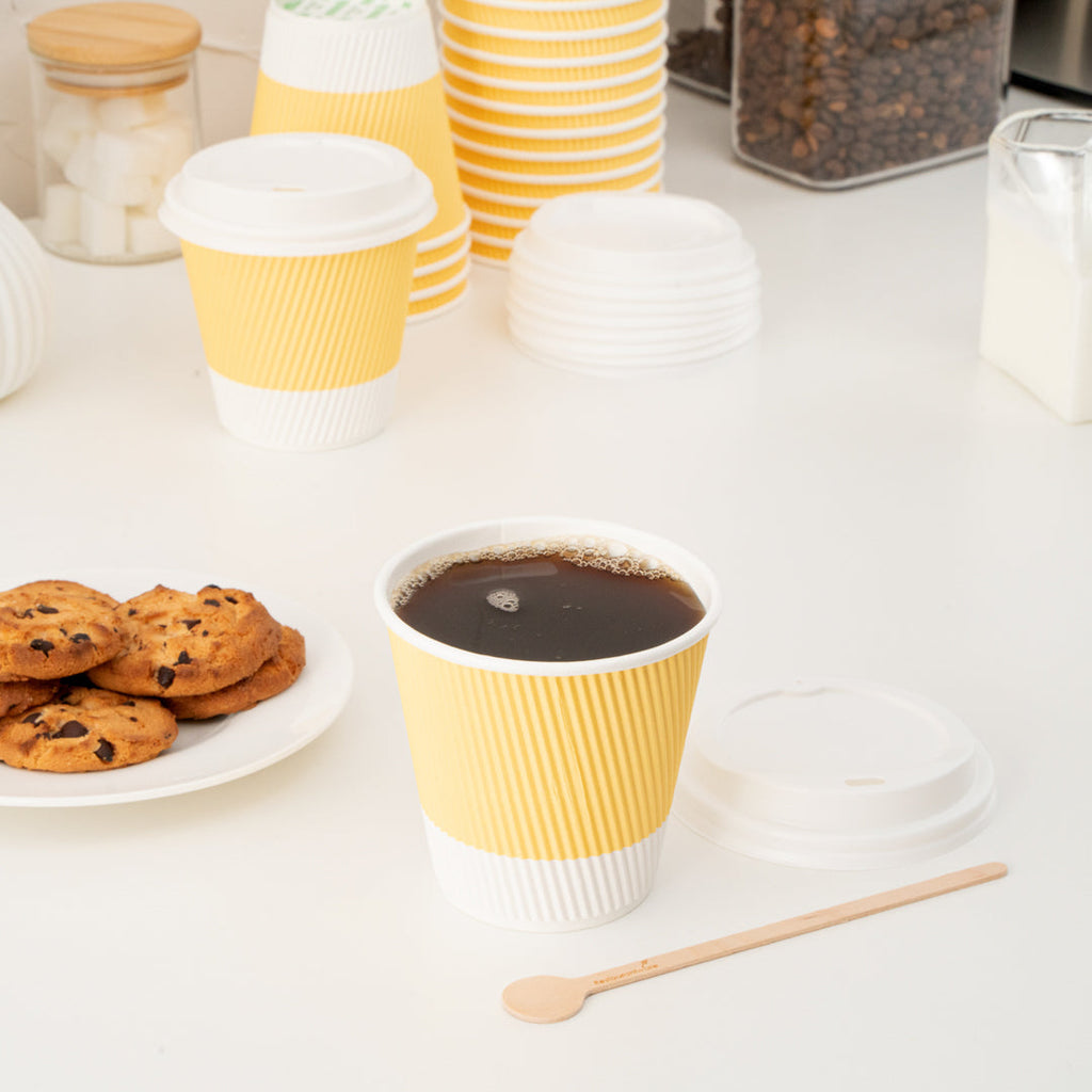 Restpresso 8 oz Light Yellow Paper Ripple Wall Coffee Cup - with White Lid - 3 1/2" x 3 1/2" x 4" - 400 count box