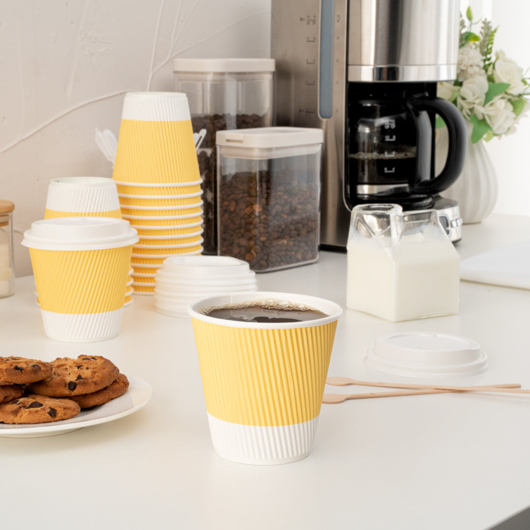 Restpresso 8 oz Light Yellow Paper Ripple Wall Coffee Cup - with White Lid - 3 1/2" x 3 1/2" x 4" - 400 count box