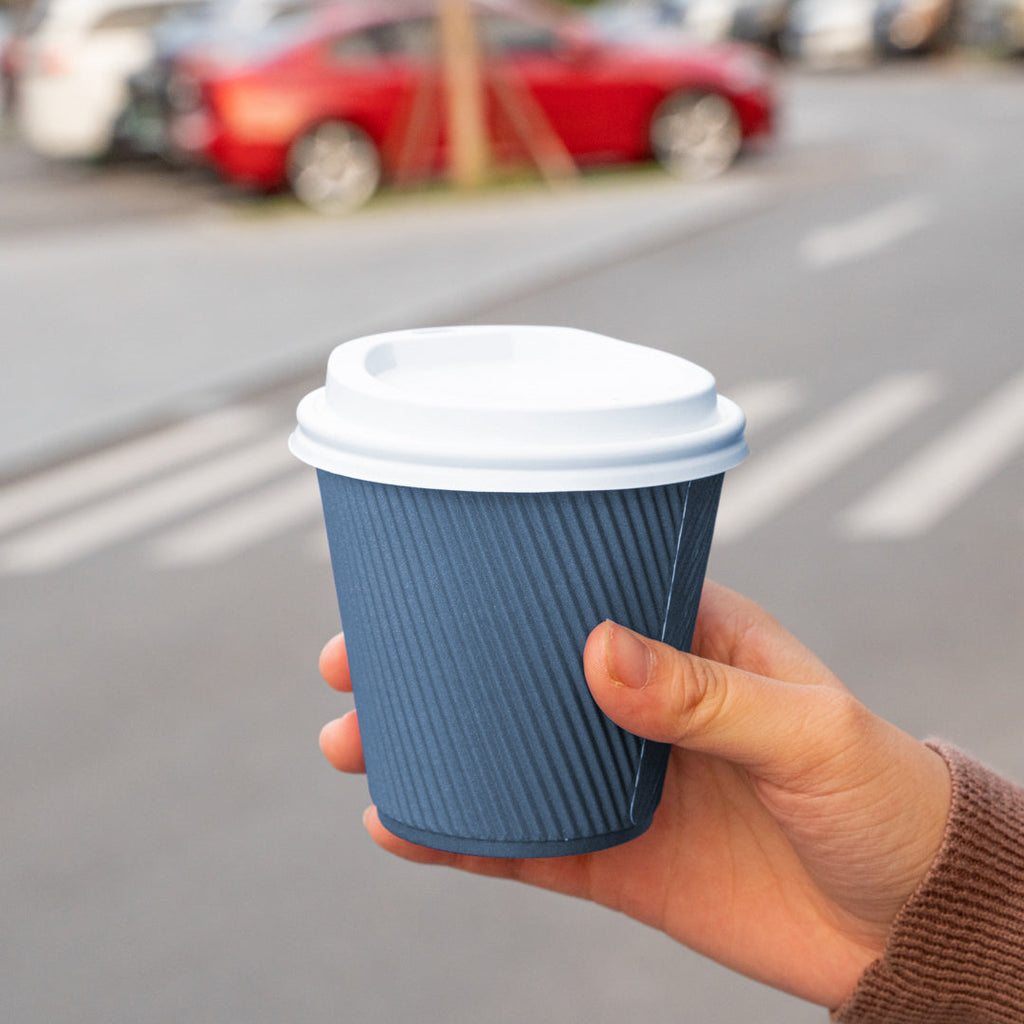 Restpresso 8 oz Midnight Blue Paper Ripple Wall Coffee Cup - with White Lid - 3 1/2" x 3 1/2" x 4" - 20 count box