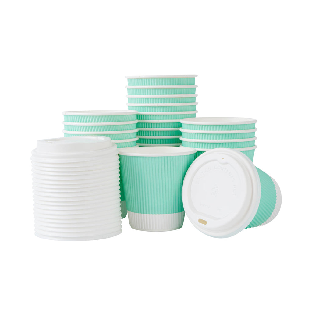 Restpresso 8 oz Light Green Paper Ripple Wall Coffee Cup - with White Lid - 3 1/2" x 3 1/2" x 4" - 400 count box