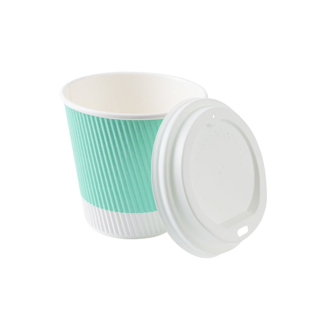 Restpresso 8 oz Light Green Paper Ripple Wall Coffee Cup - with White Lid - 3 1/2" x 3 1/2" x 4" - 400 count box