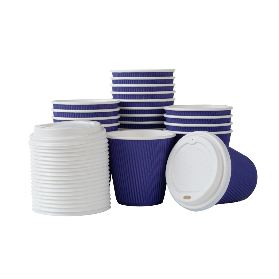 Restpresso 8 oz Royal Purple Paper Ripple Wall Coffee Cup - with White Lid - 3 1/2" x 3 1/2" x 4" - 20 count box
