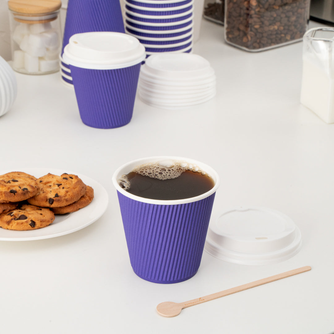 Restpresso 8 oz Royal Purple Paper Ripple Wall Coffee Cup - with White Lid - 3 1/2" x 3 1/2" x 4" - 20 count box