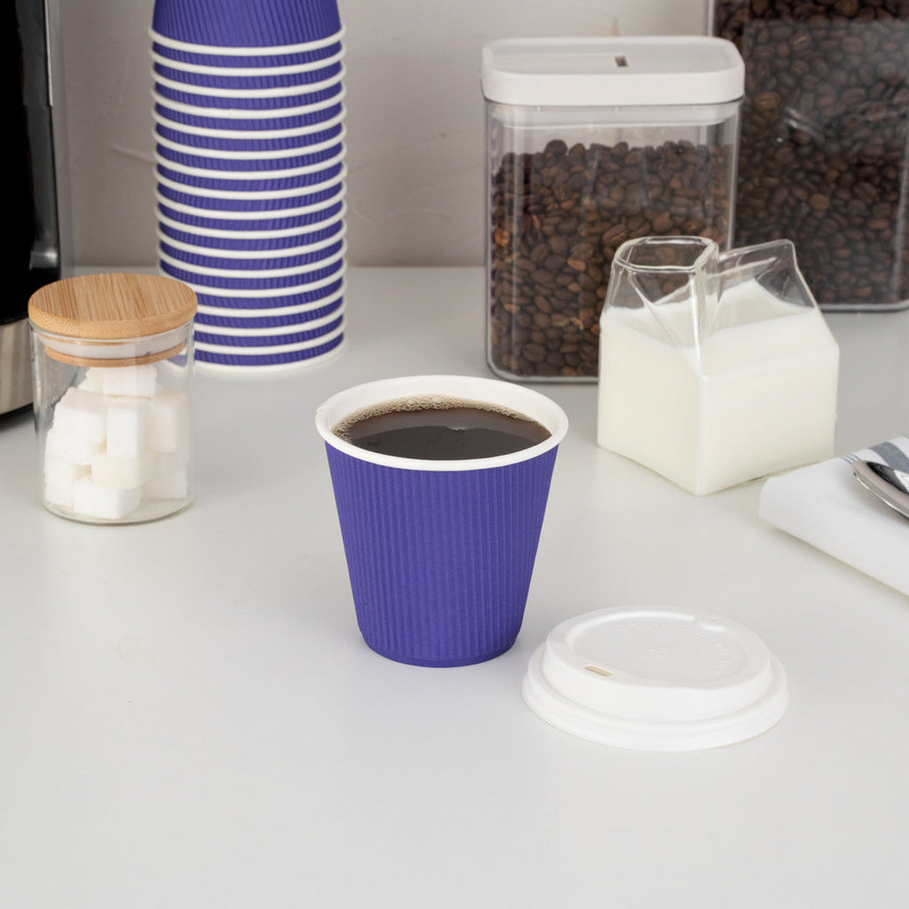 Restpresso 8 oz Royal Purple Paper Ripple Wall Coffee Cup - with White Lid - 3 1/2" x 3 1/2" x 4" - 20 count box