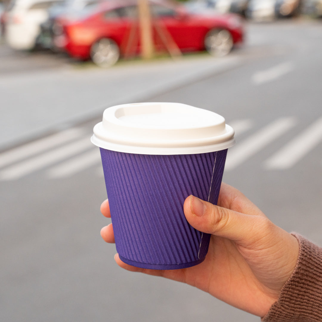 Restpresso 8 oz Royal Purple Paper Ripple Wall Coffee Cup - with White Lid - 3 1/2" x 3 1/2" x 4" - 400 count box