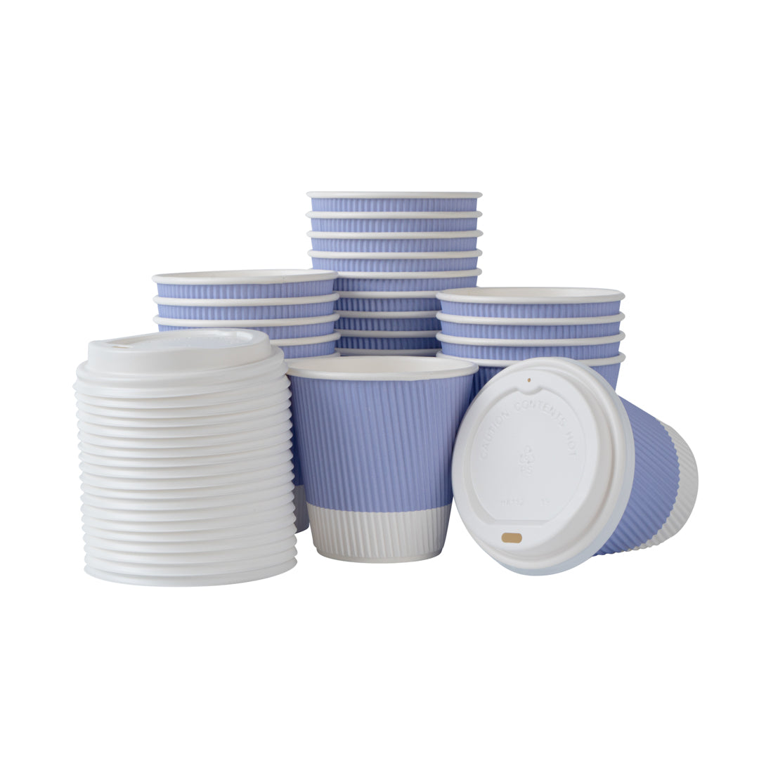 Restpresso 8 oz Light Purple Paper Ripple Wall Coffee Cup - with White Lid - 3 1/2" x 3 1/2" x 4" - 20 count box