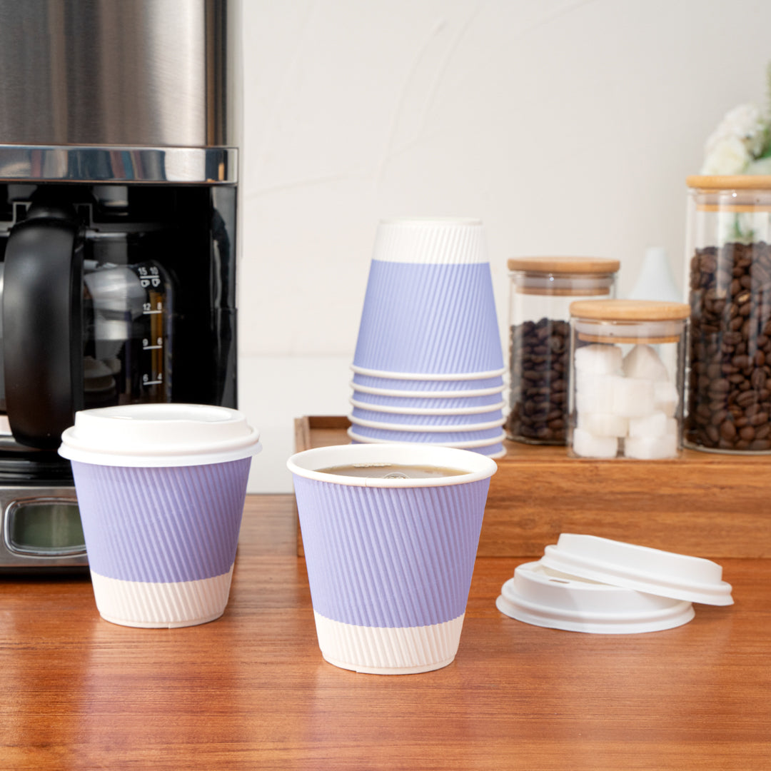 Restpresso 8 oz Light Purple Paper Ripple Wall Coffee Cup - with White Lid - 3 1/2" x 3 1/2" x 4" - 20 count box