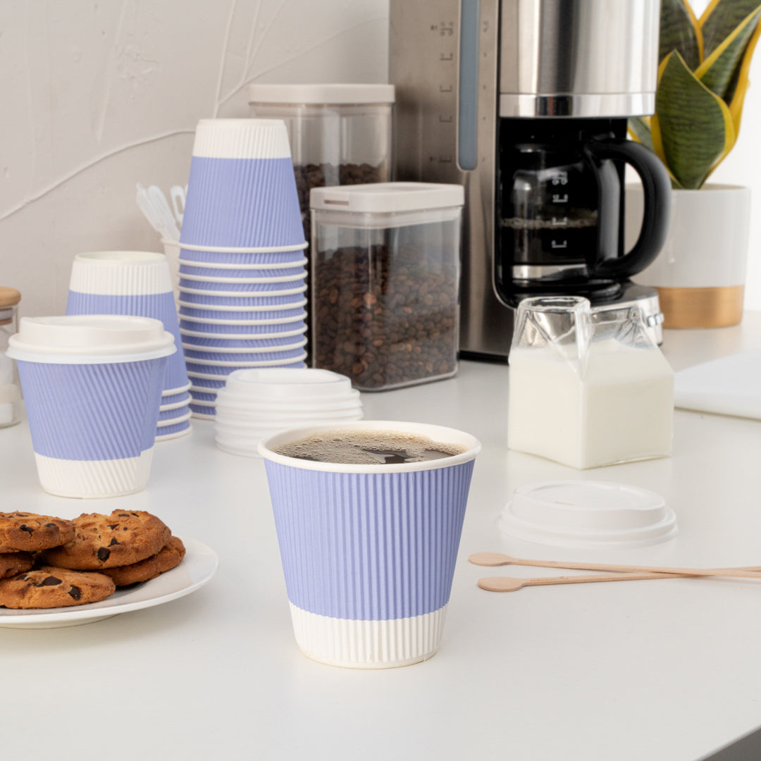 Restpresso 8 oz Light Purple Paper Ripple Wall Coffee Cup - with White Lid - 3 1/2" x 3 1/2" x 4" - 400 count box