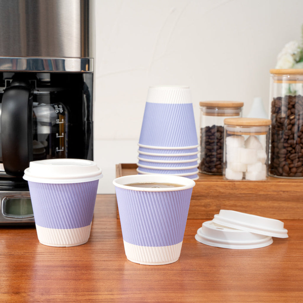 Restpresso 8 oz Light Purple Paper Ripple Wall Coffee Cup - with White Lid - 3 1/2" x 3 1/2" x 4" - 400 count box