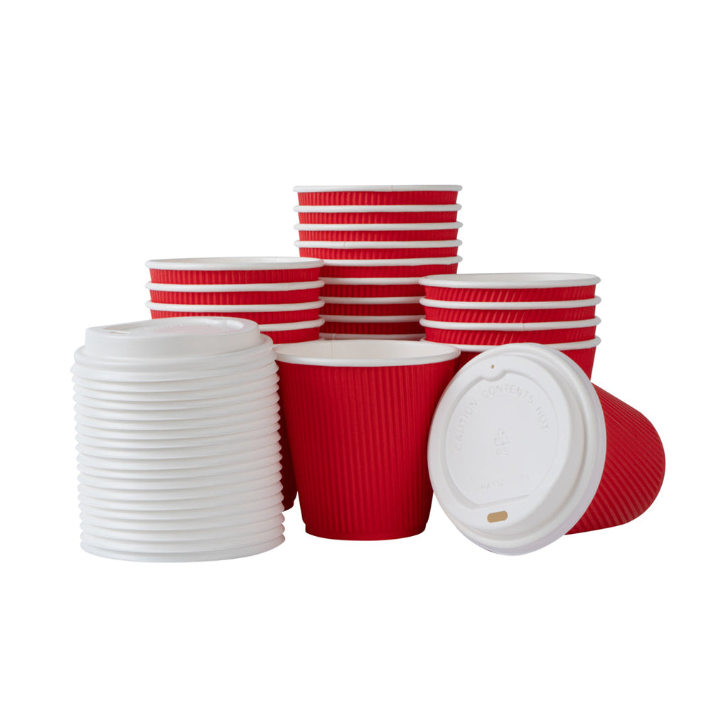 Restpresso 8 oz Red Paper Ripple Wall Coffee Cup - with White Lid - 3 1/2" x 3 1/2" x 4" - 400 count box