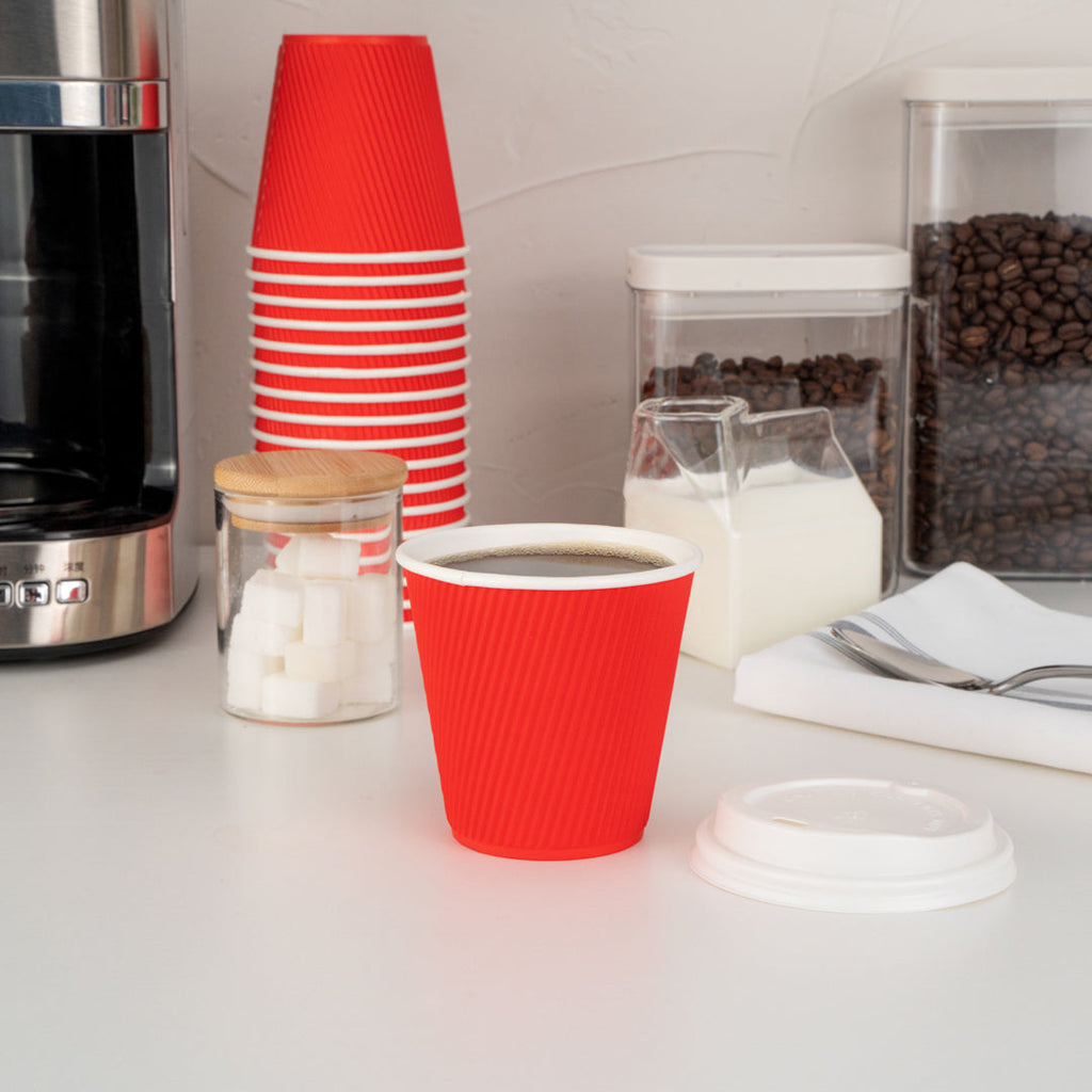 Restpresso 8 oz Red Paper Ripple Wall Coffee Cup - with White Lid - 3 1/2" x 3 1/2" x 4" - 20 count box