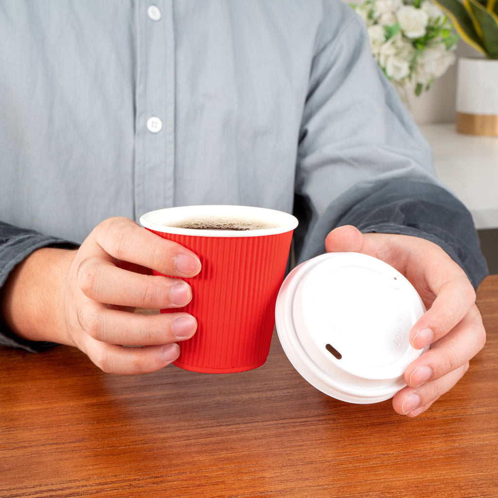 Restpresso 8 oz Red Paper Ripple Wall Coffee Cup - with White Lid - 3 1/2" x 3 1/2" x 4" - 20 count box