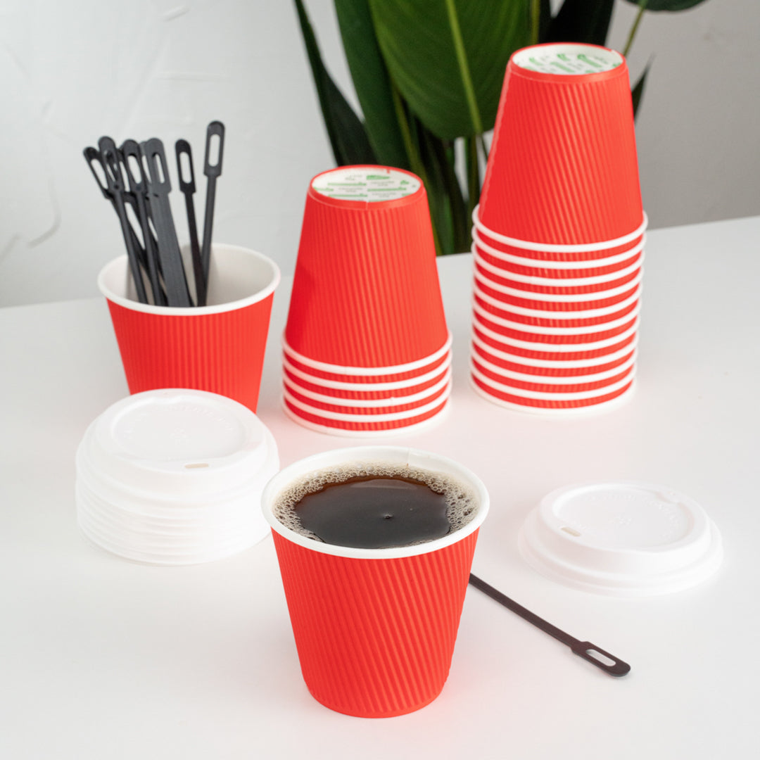 Restpresso 8 oz Red Paper Ripple Wall Coffee Cup - with White Lid - 3 1/2" x 3 1/2" x 4" - 400 count box